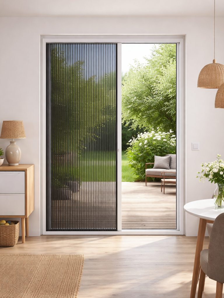 Plissee Tür (einflügelig) Fliegengitter Plissee Tür platzsparend & leichtgängig.